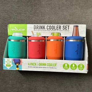 NEW Reduce 4 Pack 14 Oz. Drink Bottle Can Cooler Set with Built-In Bottle Opener